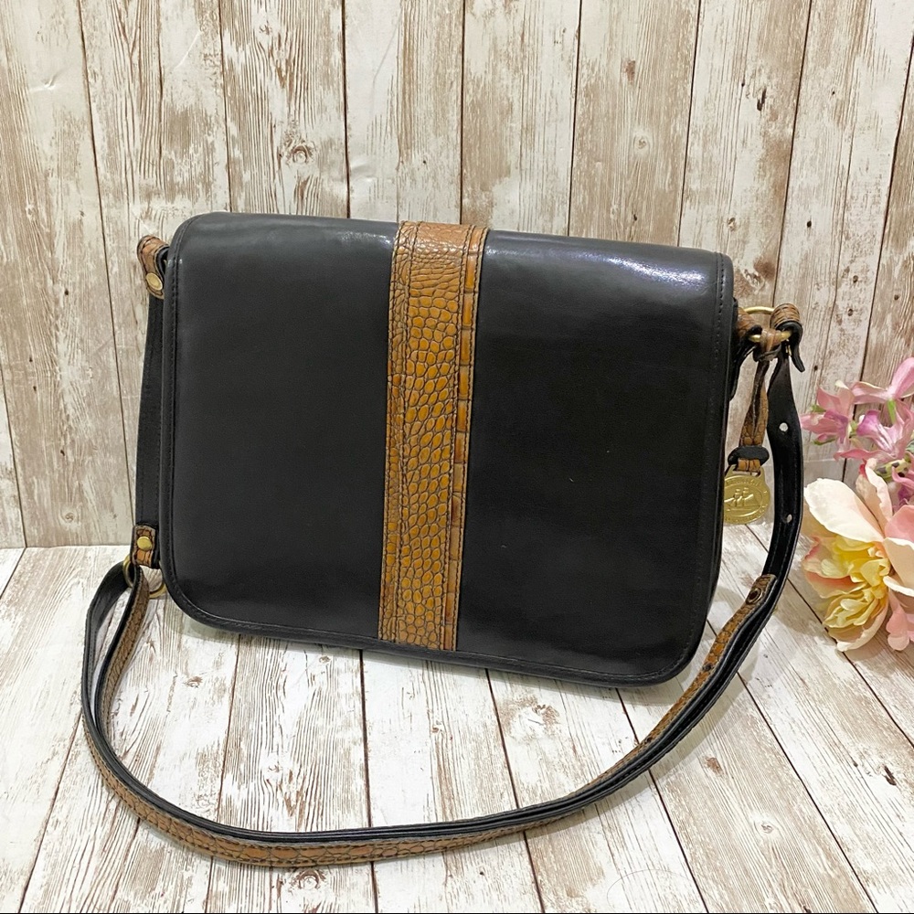 Vintage Brahmin Melbourne Black Leather Croc Trim Flap Front Saddle Shoulder Bag